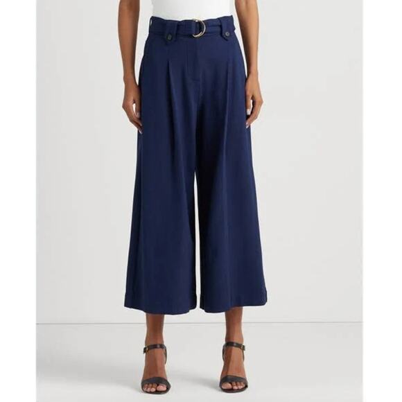 Ralph Lauren Belted Pleated Ponte Cropped Pant | Womens M, Navy Blue NEW $165 - Picture 2 of 7